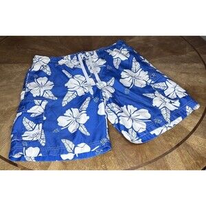 OP Blue White Hawaiian Floral Swim Trunks Mens Med 32-34 Board Shorts Mesh Lined